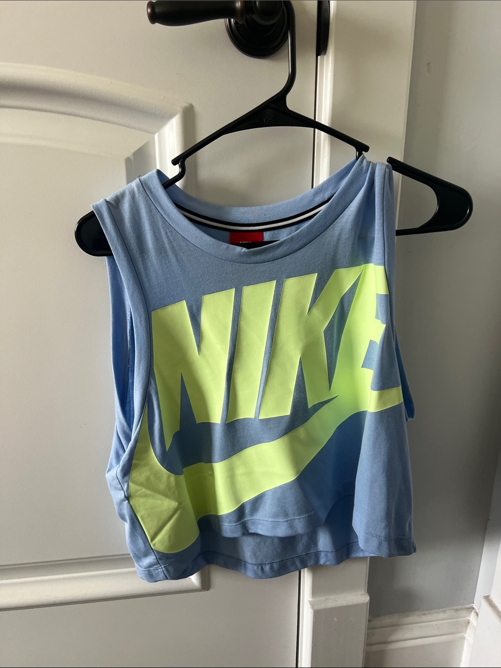 Nike Light Blue Cropped Tank with Neon Yellow Logo